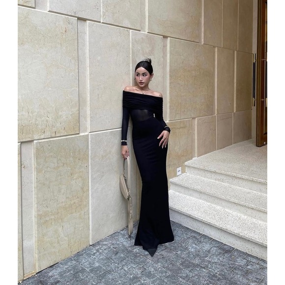 Commense Semi-Sheer Off-Shoulder Mesh Black Maxi  Long Sleeve size XS‎ - Picture 6 of 7